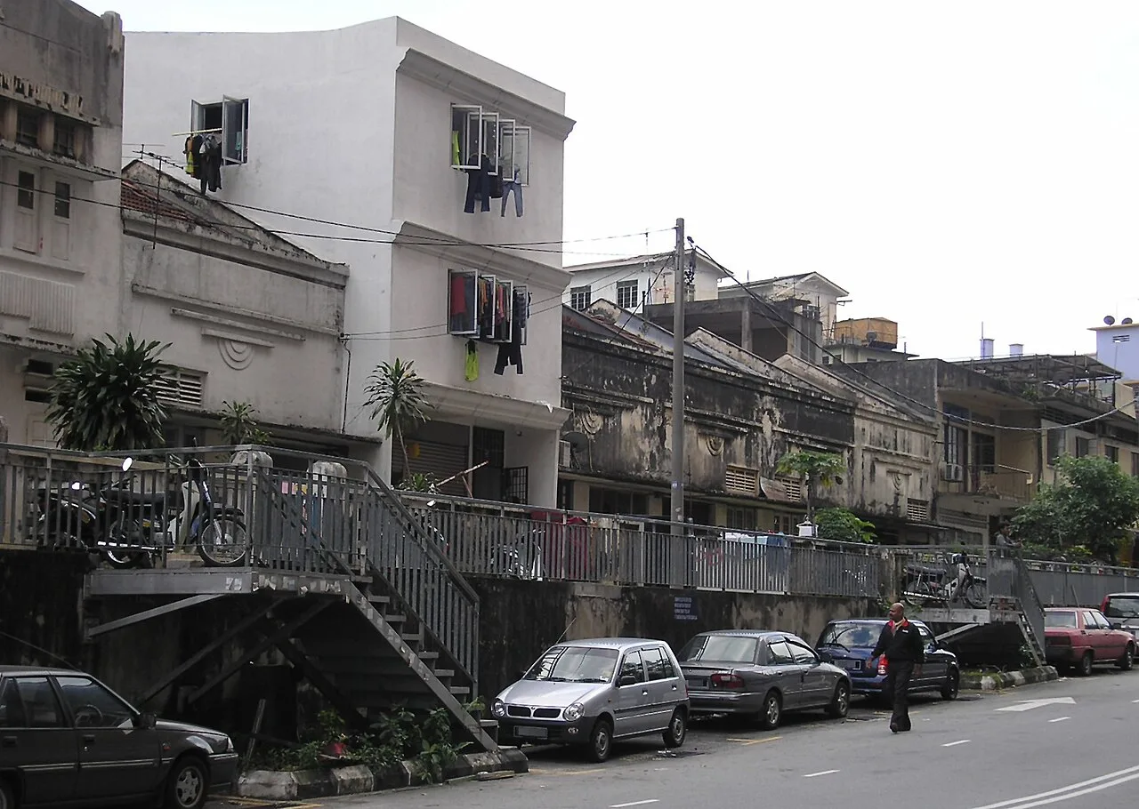 Art Deco terrace houses on a residential street off Jalan Pudu.